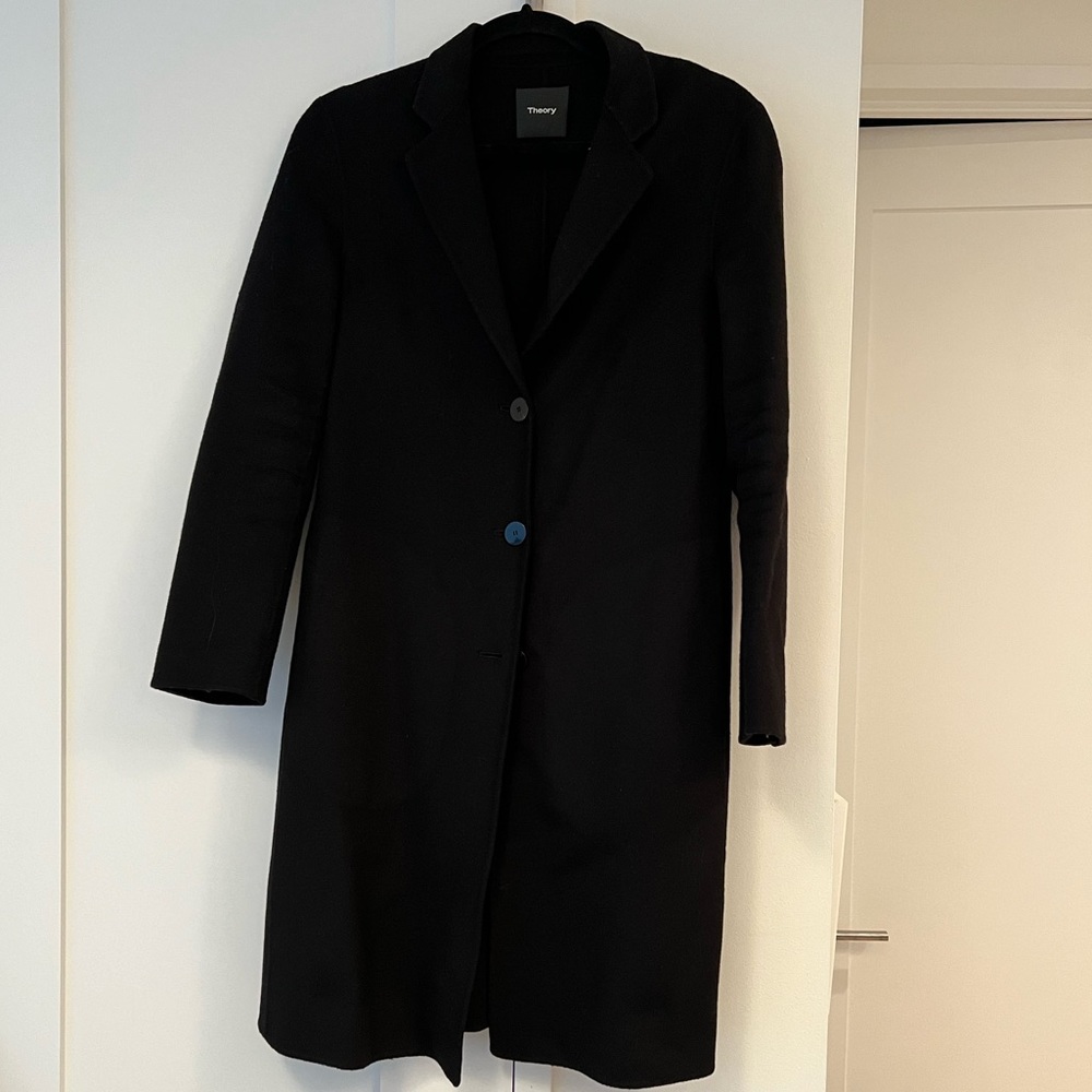 Theory sz P double faced wool cashmere long clairene jacket in black
